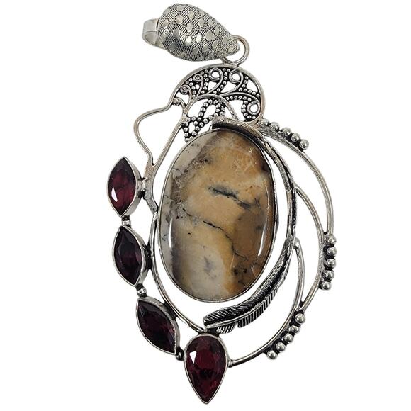 Handmade Silver Pendant – Picture Jasper & Garnet + 20" Silver Snake Chain - Picture 1 of 10